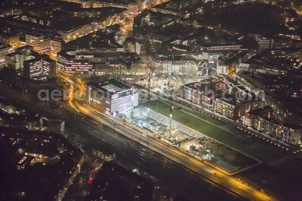 Aerial photograph at night Düsseldorf - Night aerial view of the site of the new quarter, Le flair in new luxury residential district in central Dusseldorf in North Rhine-Westphalia