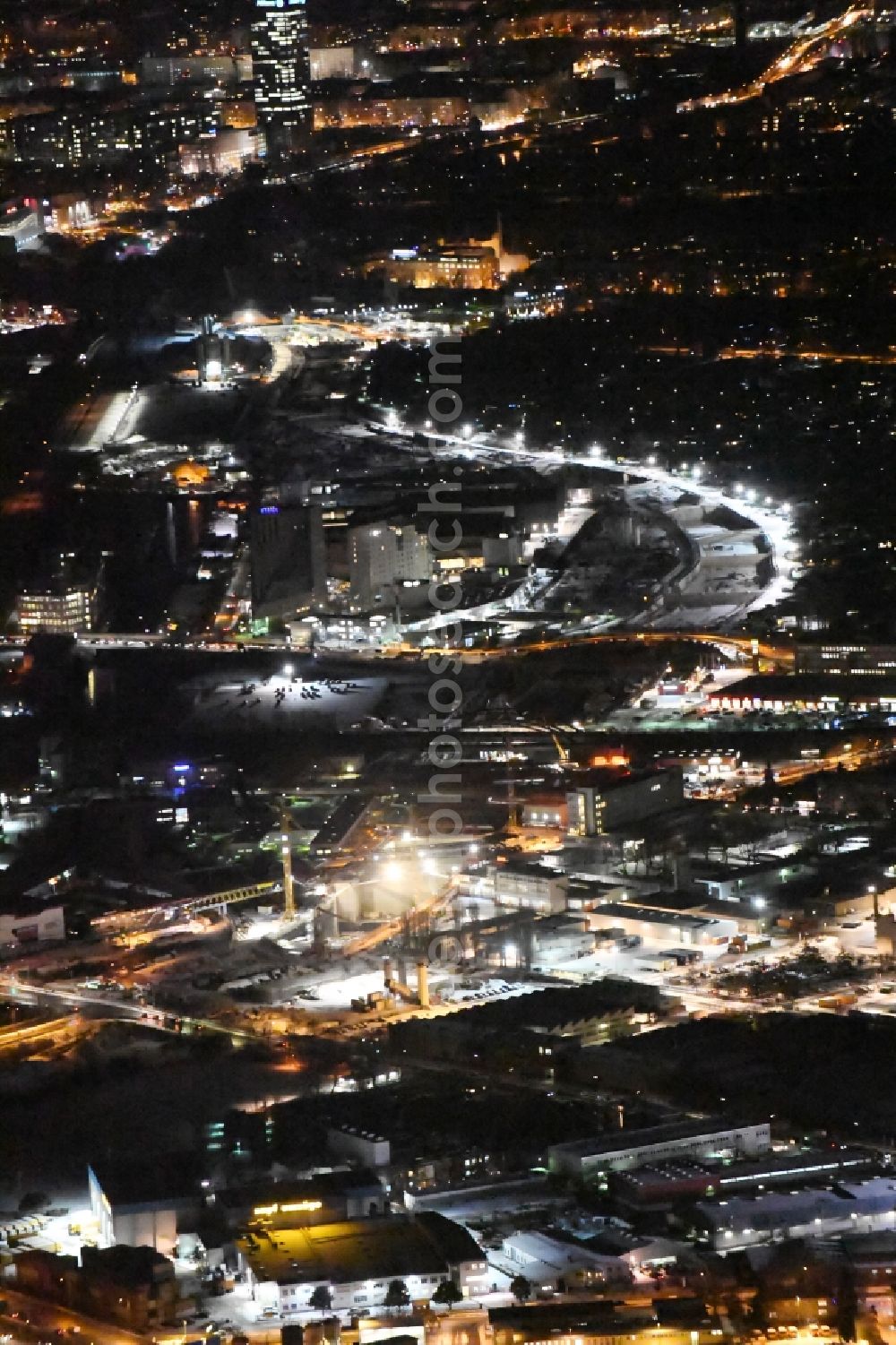 Berlin at night from above - Night image of the civil engineering construction sites for construction of the extension of the urban motorway - Autobahn Autobahn A100 in Berlin Neukoelln