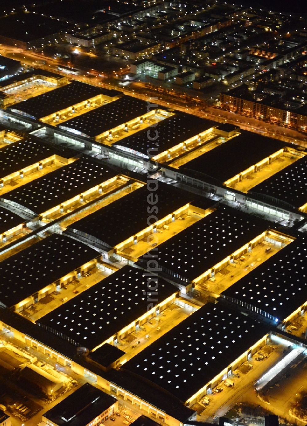 München at night from above - Night view of the Fairgrounds Munich in the state Bavaria