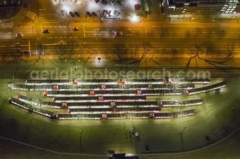 Aerial photograph at night KÖLN - Night aerial view of the tram terminus at the depot Müngersdorf in Cologne in North Rhine-Westphalia NRW