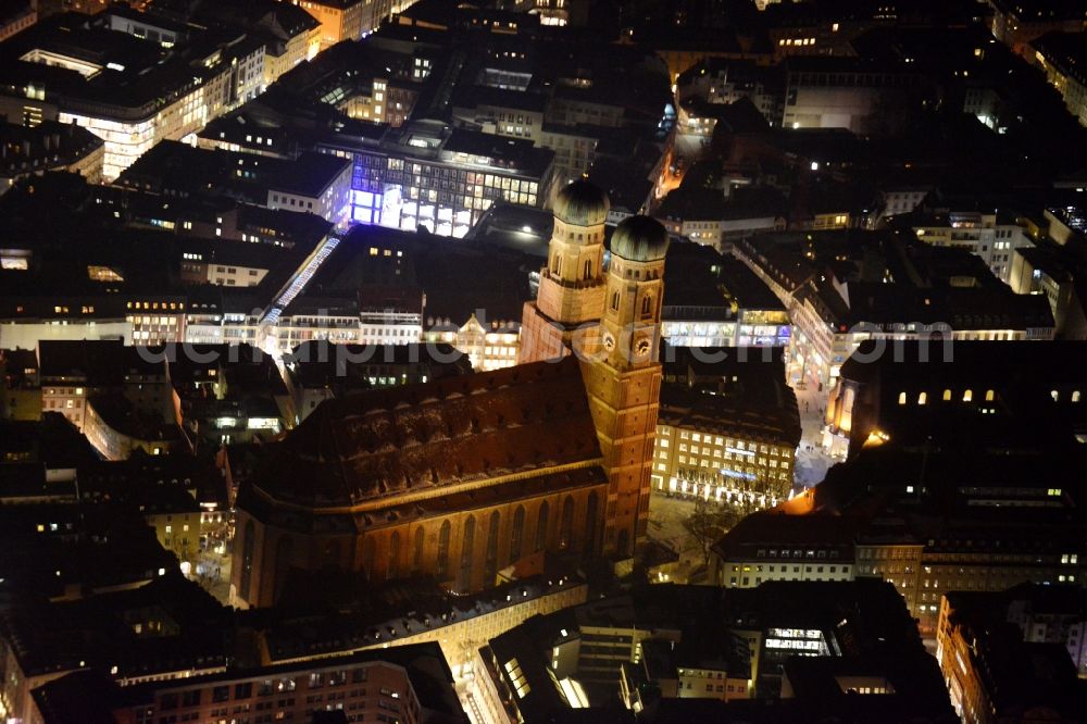 München at night from above - City view of the Old Town at the Frauenkirche at the New Town Hall in the center of Munich in Bavaria