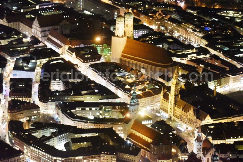 München at night from above - City view of the Old Town at the Frauenkirche at the New Town Hall in the center of Munich in Bavaria