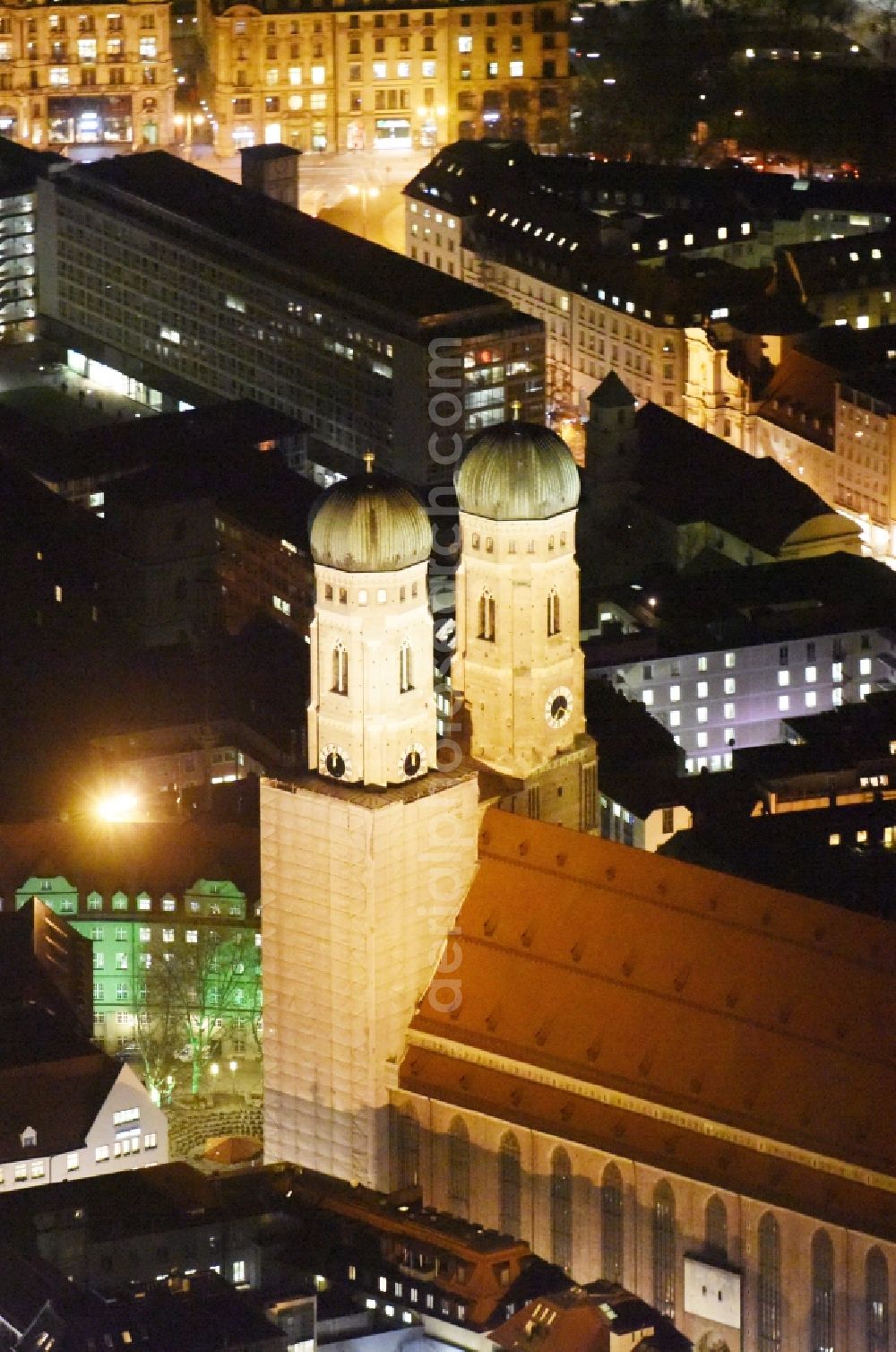 Aerial photograph at night München - City view of the Old Town at the Frauenkirche at the New Town Hall in the center of Munich in Bavaria