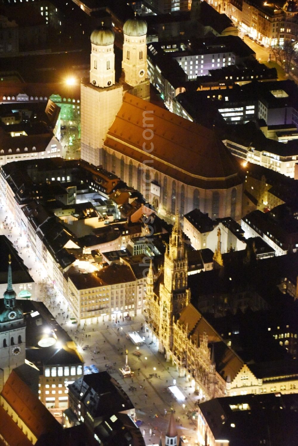 München at night from above - City view of the Old Town at the Frauenkirche at the New Town Hall in the center of Munich in Bavaria