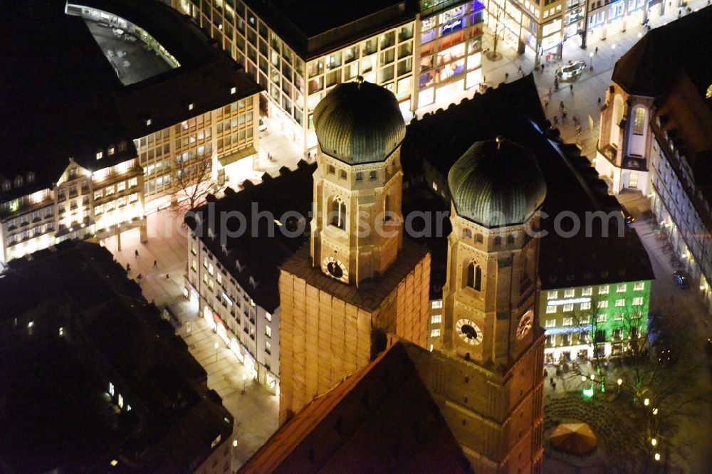 Aerial photograph at night München - City view of the Old Town at the Frauenkirche at the New Town Hall in the center of Munich in Bavaria