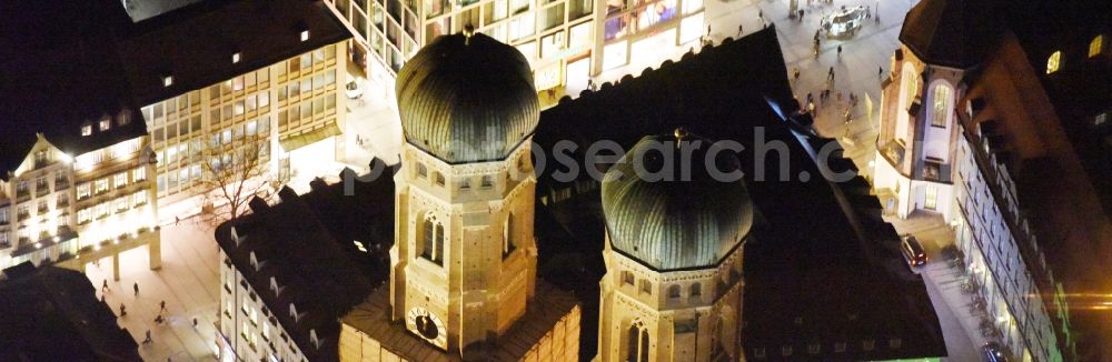 München at night from above - City view of the Old Town at the Frauenkirche at the New Town Hall in the center of Munich in Bavaria