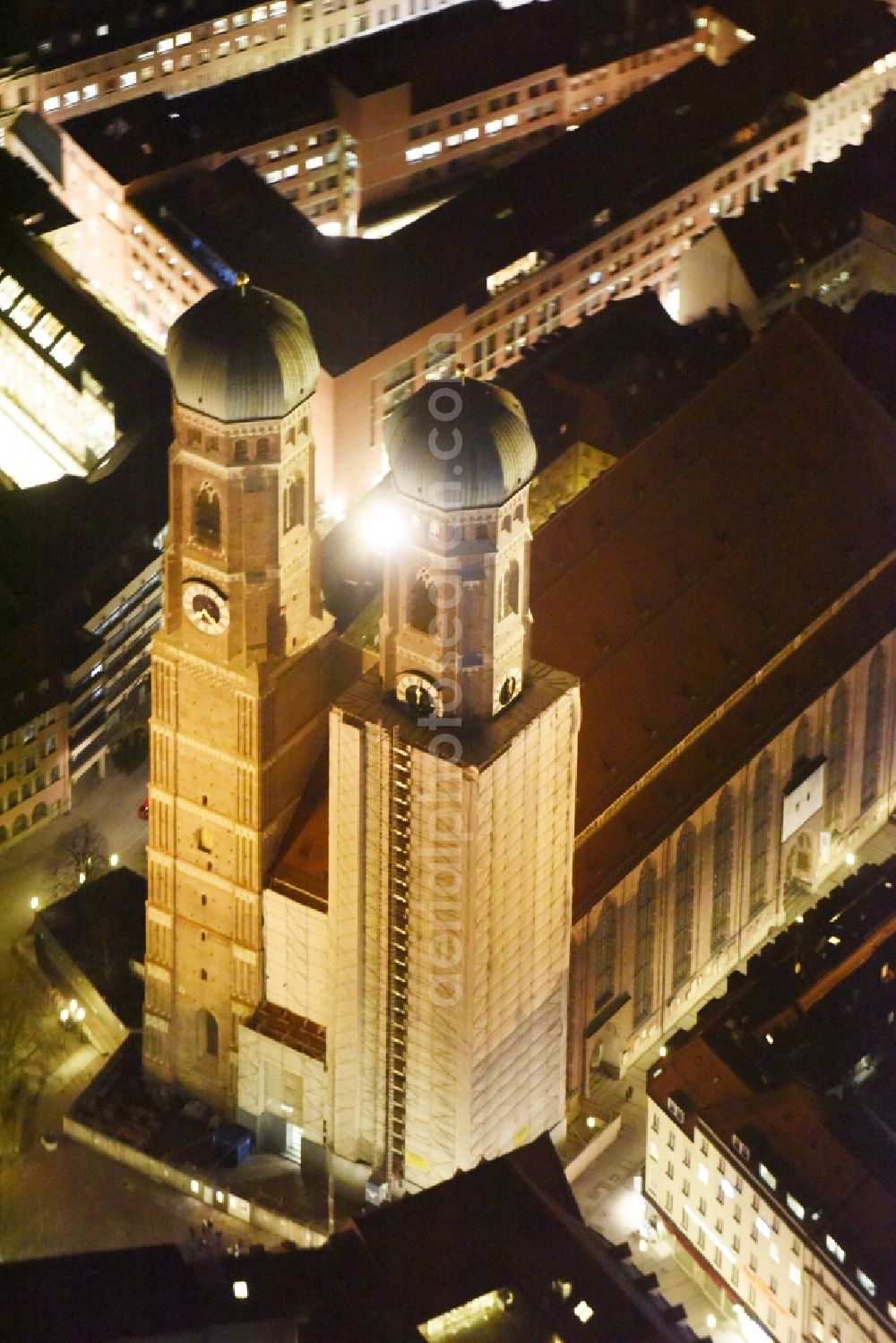 Aerial image at night München - City view of the Old Town at the Frauenkirche at the New Town Hall in the center of Munich in Bavaria