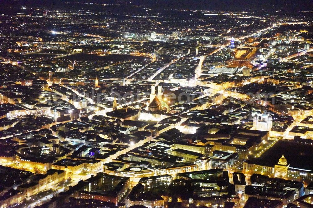 Aerial photograph at night München - City view of the Old Town at the Frauenkirche at the New Town Hall in the center of Munich in Bavaria