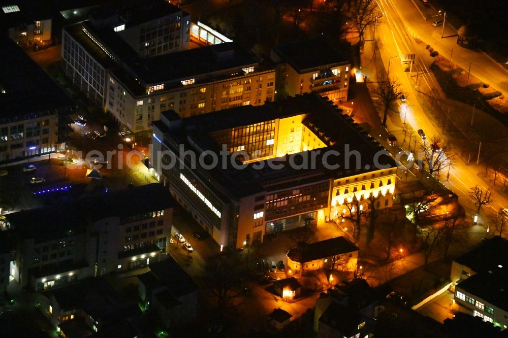 Aerial photograph at night Dresden - Night lighting Historical brewery Waldschloesschen Brauerei in the Radeberger Vorstadt part of Dresden in the state of Saxony