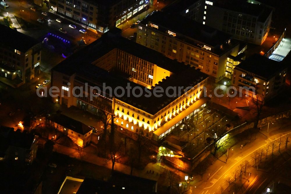 Aerial image at night Dresden - Night lighting Historical brewery Waldschloesschen Brauerei in the Radeberger Vorstadt part of Dresden in the state of Saxony