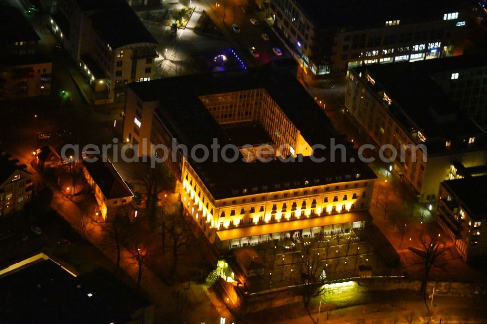 Dresden at night from the bird perspective: Night lighting Historical brewery Waldschloesschen Brauerei in the Radeberger Vorstadt part of Dresden in the state of Saxony