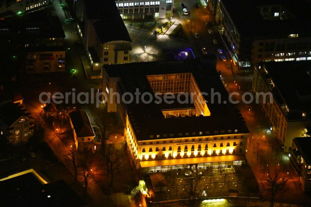 Aerial photograph at night Dresden - Night lighting Historical brewery Waldschloesschen Brauerei in the Radeberger Vorstadt part of Dresden in the state of Saxony