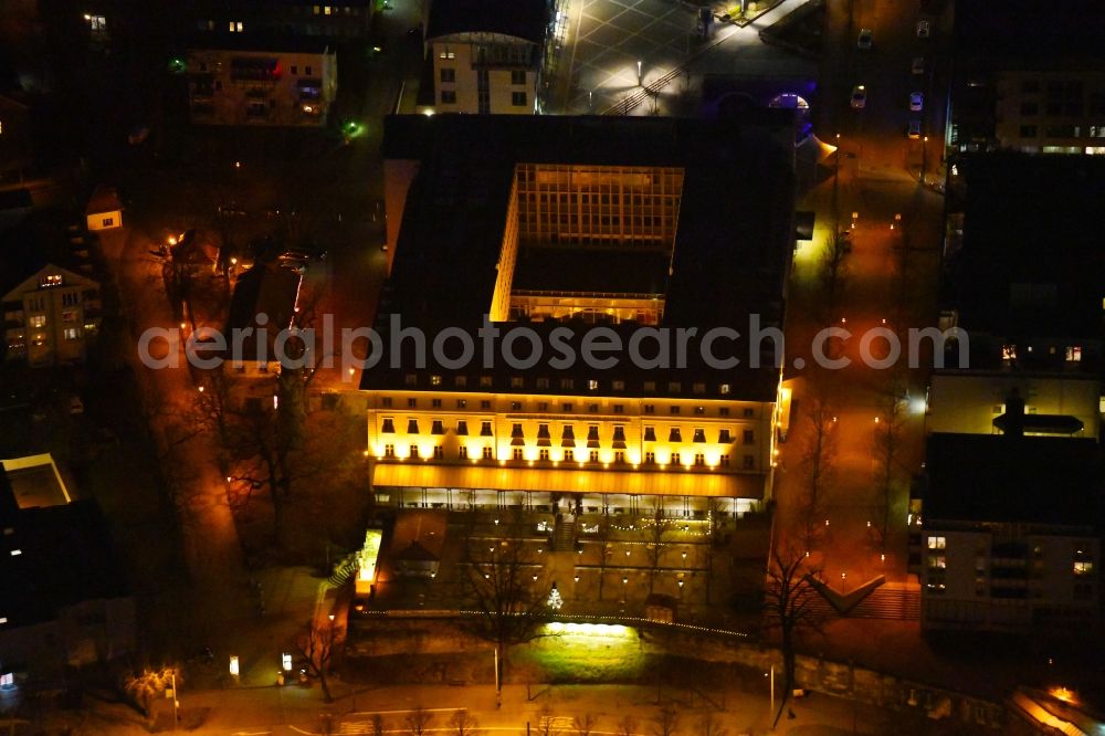 Aerial image at night Dresden - Night lighting Historical brewery Waldschloesschen Brauerei in the Radeberger Vorstadt part of Dresden in the state of Saxony