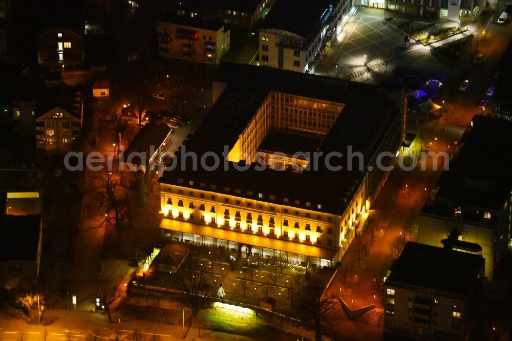 Dresden at night from the bird perspective: Night lighting Historical brewery Waldschloesschen Brauerei in the Radeberger Vorstadt part of Dresden in the state of Saxony