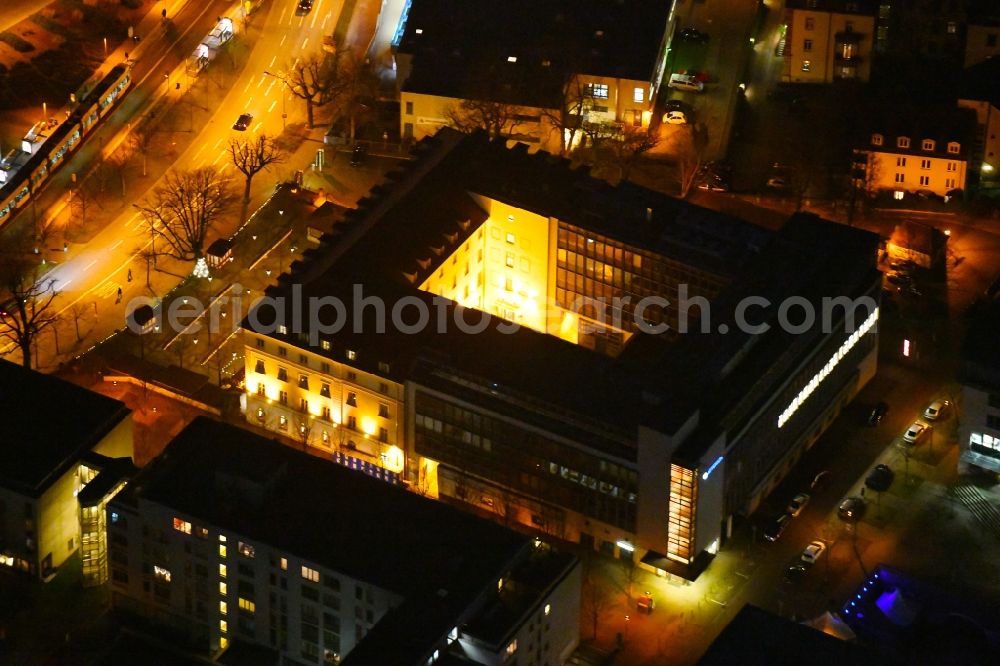 Aerial photograph at night Dresden - Night lighting Historical brewery Waldschloesschen Brauerei in the Radeberger Vorstadt part of Dresden in the state of Saxony