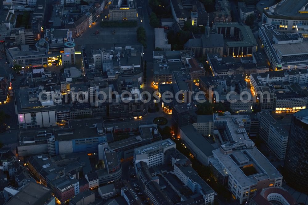 Dortmund at night from the bird perspective: Night view of the downtown area of Dortmund in the state of North Rhine-Westphalia