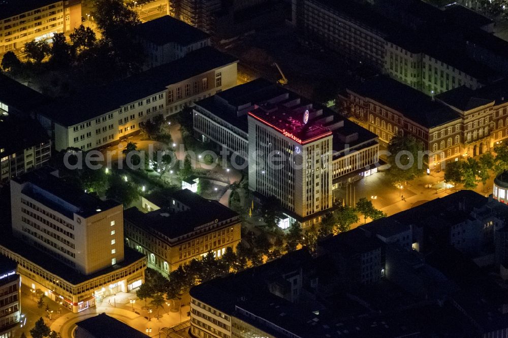 Aerial image at night Duisburg - DUISBURG 30/06/2012 Night Aerial view of downtown Duisburg on the King Street / Am Mühlenberg. The picture shows the office and retail building at Commerzbank, savings bank, and the district court in North Rhine-Westphalia