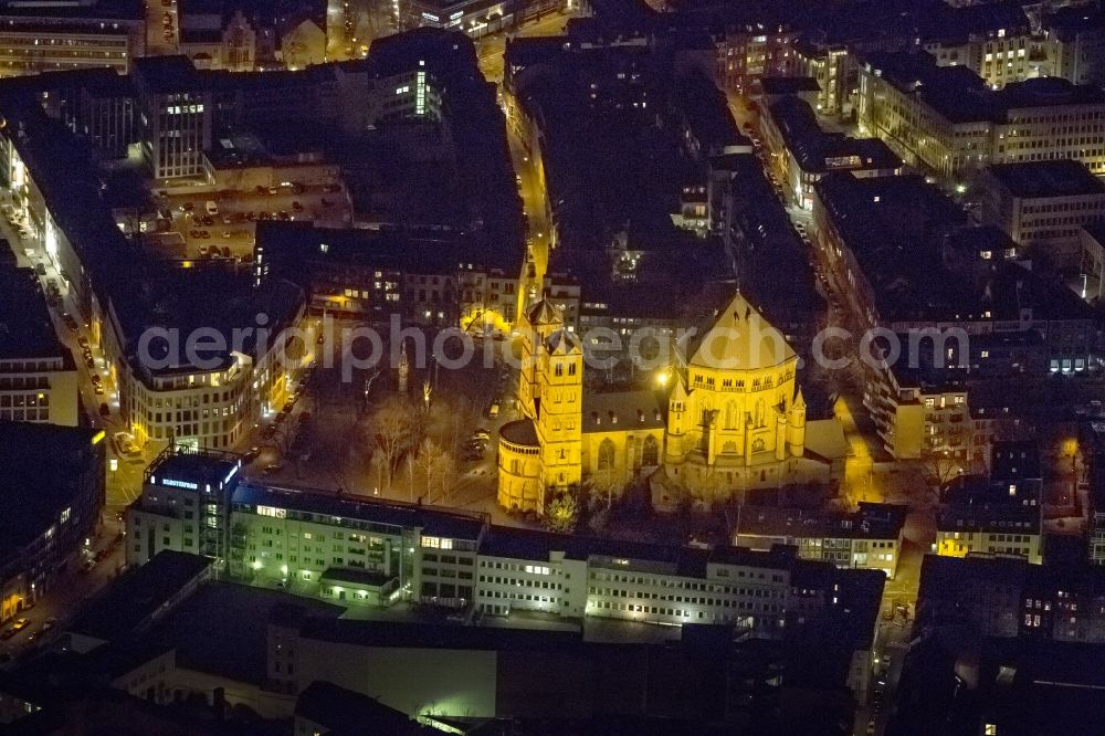 Aerial image at night KÖLN - St. Night Aerial view of the Church / Basilica Catholic Parish Apostles in Cologne in North Rhine-Westphalia