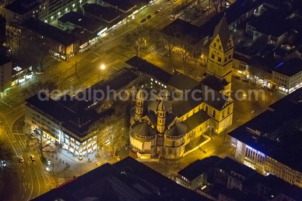 KÖLN at night from the bird perspective: St. Night Aerial view of the Church / Basilica Catholic Parish Apostles in Cologne in North Rhine-Westphalia