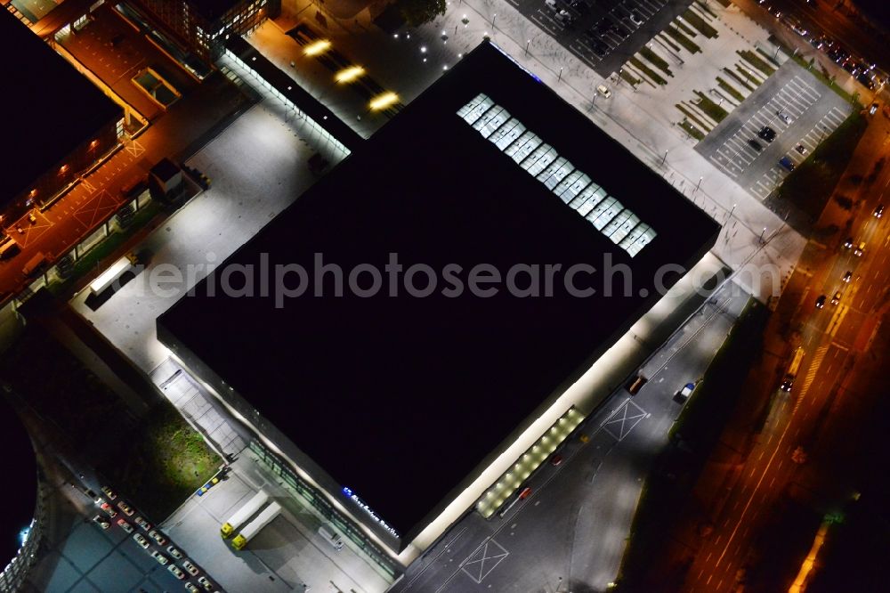 Berlin at night from above - Night aerial view of the Exhibition Venue City Cube at the exhibition grounds in Berlin Charlottenburg