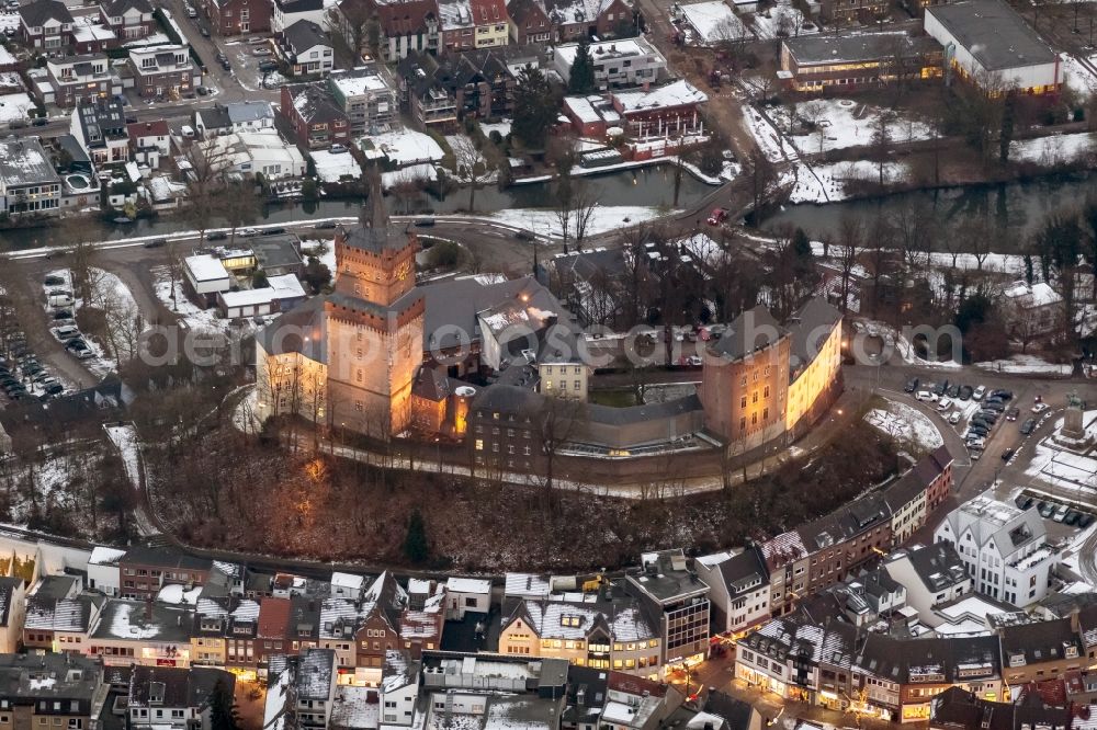 Kleve at night from above - Night aerial view of Swan Castle on Castle Hill Kleve in North Rhine-Westphalia