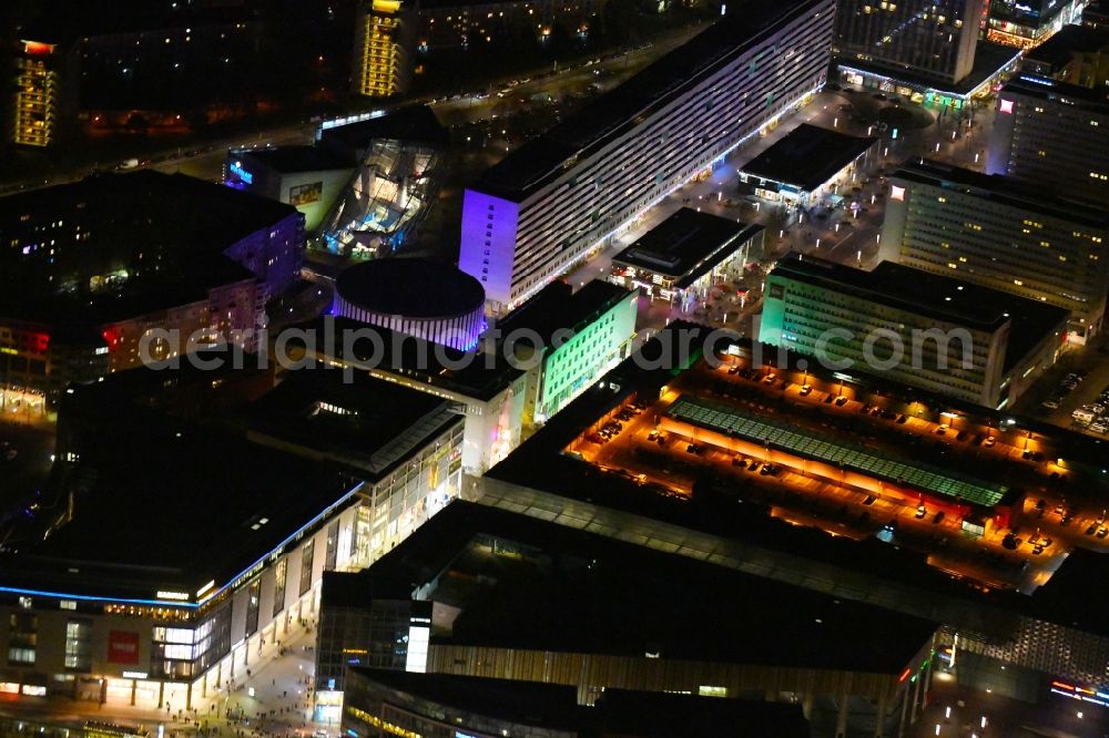 Aerial photograph at night Dresden - Night lighting Street guide of famous promenade and shopping street Prager Strasse in the district Altstadt in Dresden in the state Saxony, Germany