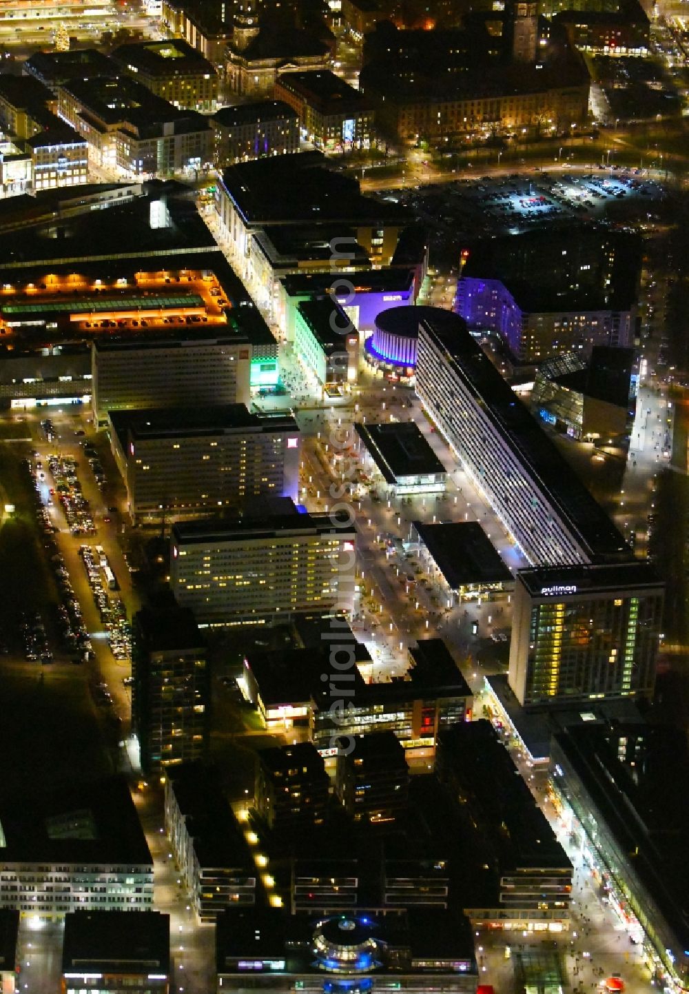 Aerial image at night Dresden - Night lighting Street guide of famous promenade and shopping street Prager Strasse in the district Altstadt in Dresden in the state Saxony, Germany