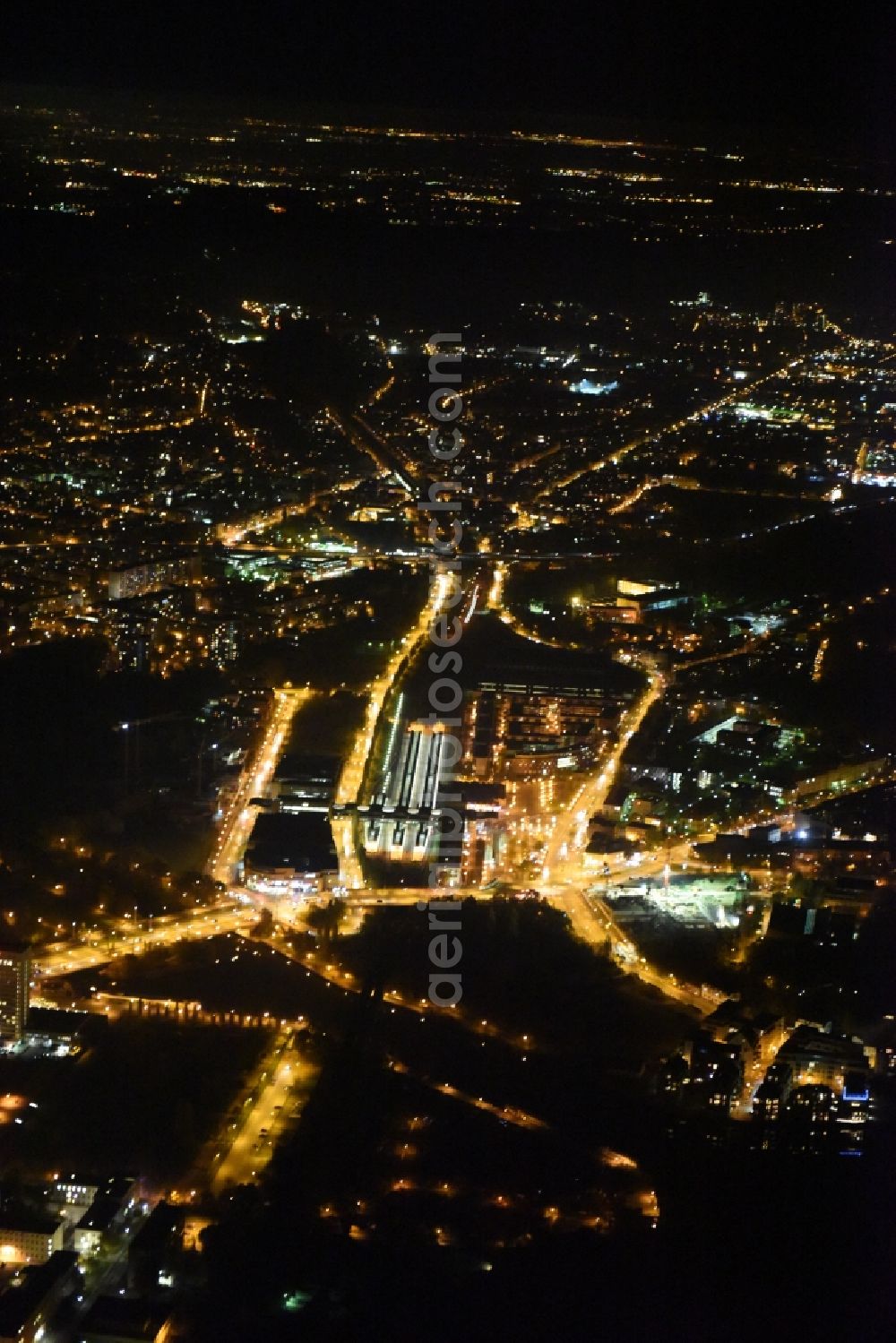 Potsdam at night from above - Night image of the surrounding area of the main station of the railway in Potsdam in the state of Brandenburg