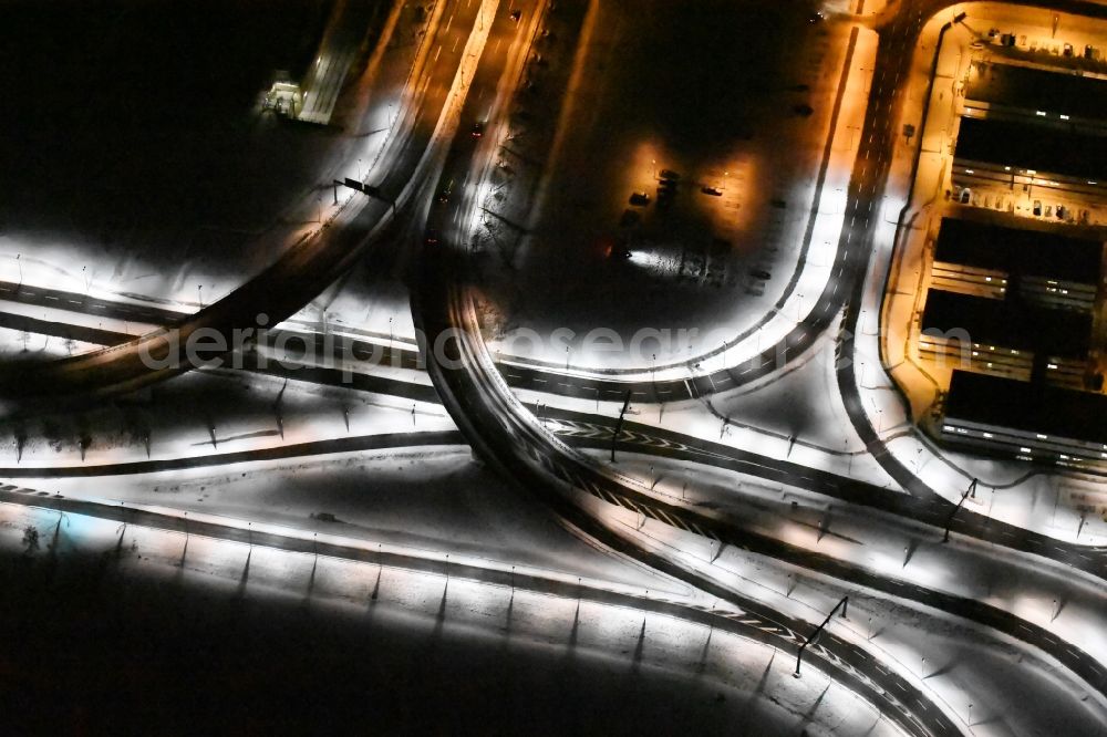 Schönefeld at night from above - Night light image of the differently bright street lighting terminal at the new BER / BBI airport BERLIN BRANDENBURG AIRPORT Willi Brandt in Schoenefeld, Brandenburg