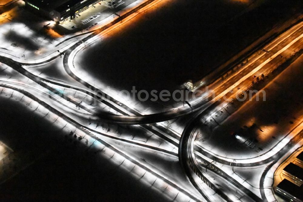 Aerial photograph at night Schönefeld - Night light image of the differently bright street lighting terminal at the new BER / BBI airport BERLIN BRANDENBURG AIRPORT Willi Brandt in Schoenefeld, Brandenburg