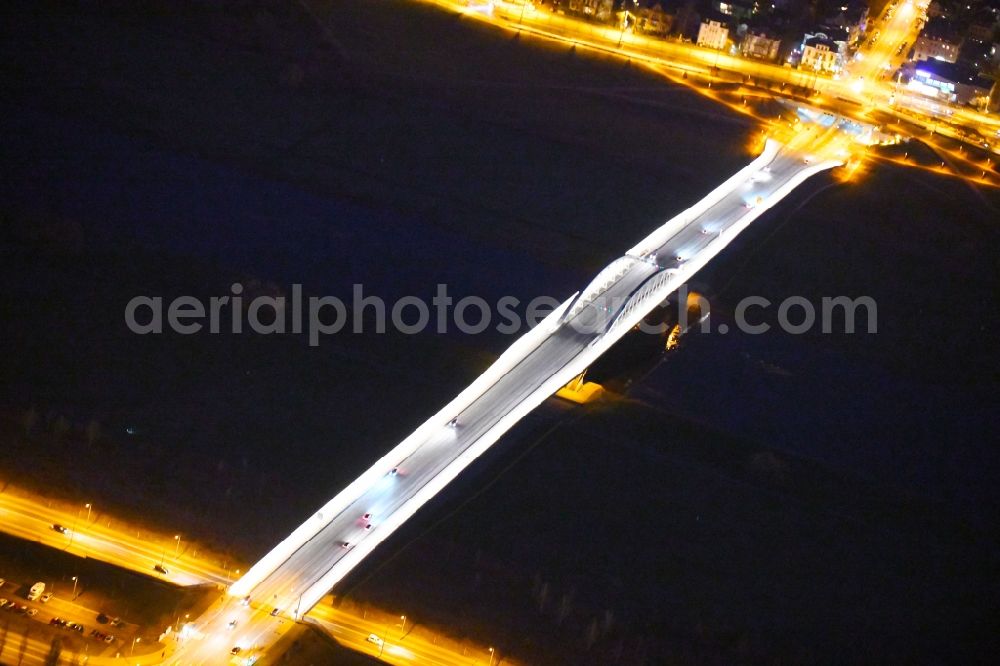 Dresden at night from the bird perspective: Night lighting Waldschloesschenbruecke on the river Elbe in Dresden in Saxony