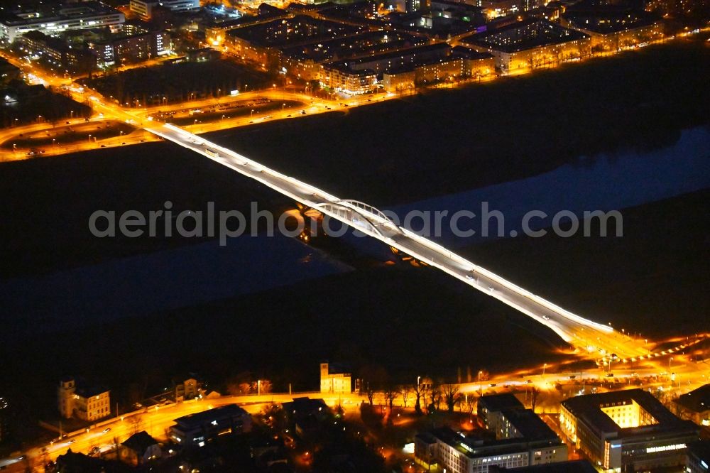 Aerial image at night Dresden - Night lighting Waldschloesschenbruecke on the river Elbe in Dresden in Saxony