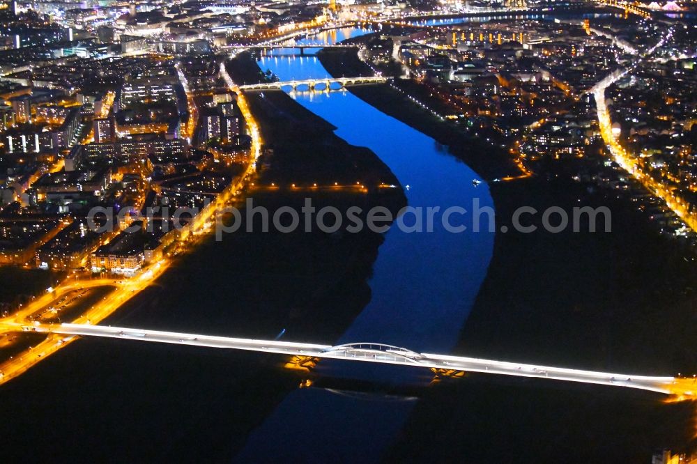 Dresden at night from the bird perspective: Night lighting night lighting Waldschloesschenbruecke on the shore of the river Elbe in Dresden in Saxony