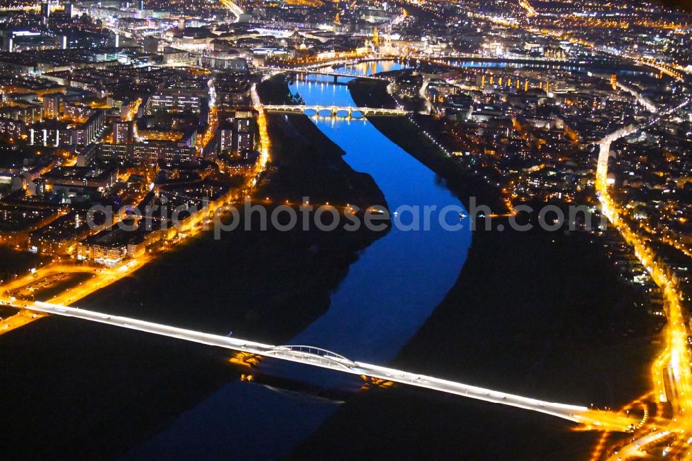 Aerial photograph at night Dresden - Night lighting night lighting Waldschloesschenbruecke on the shore of the river Elbe in Dresden in Saxony