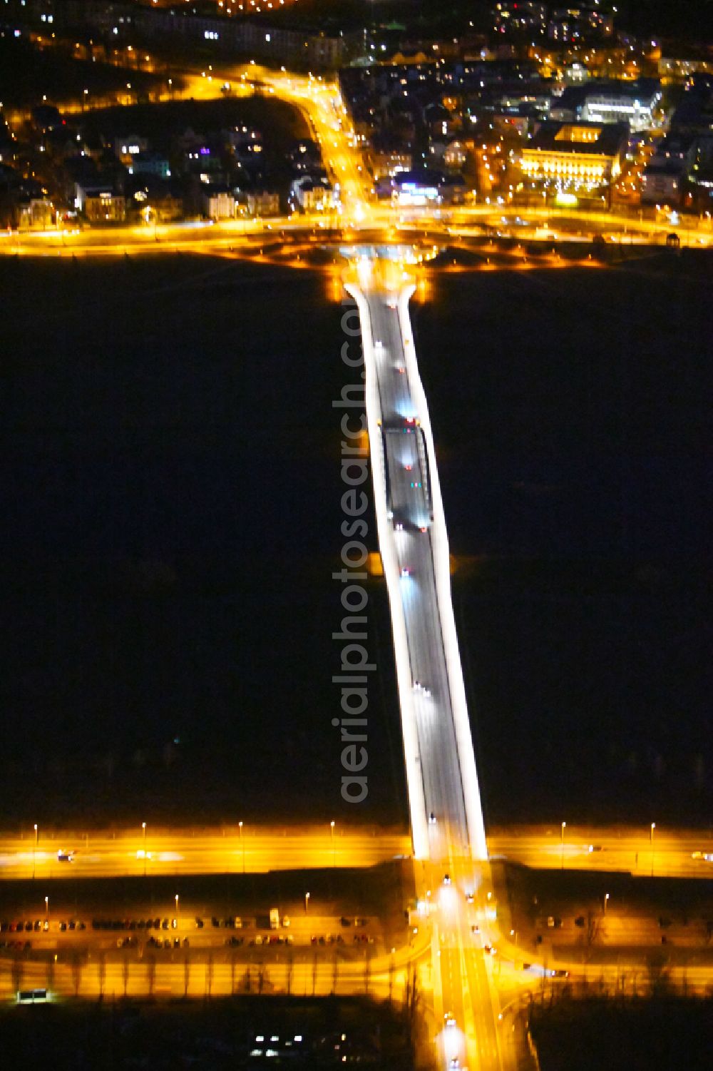 Dresden at night from above - Night lighting night lighting Waldschloesschenbruecke on the shore of the river Elbe in Dresden in Saxony