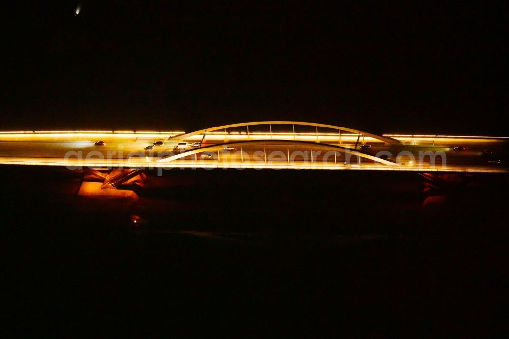 Dresden at night from the bird perspective: Night lighting Waldschloesschenbruecke on the river Elbe in Dresden in Saxony