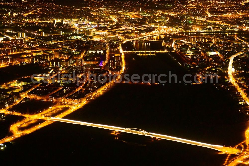 Dresden at night from the bird perspective: Night lighting Waldschloesschenbruecke on the river Elbe in Dresden in Saxony