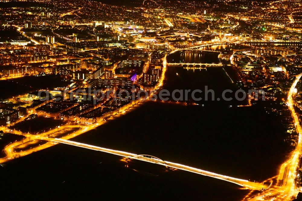 Aerial photograph at night Dresden - Night lighting Waldschloesschenbruecke on the river Elbe in Dresden in Saxony