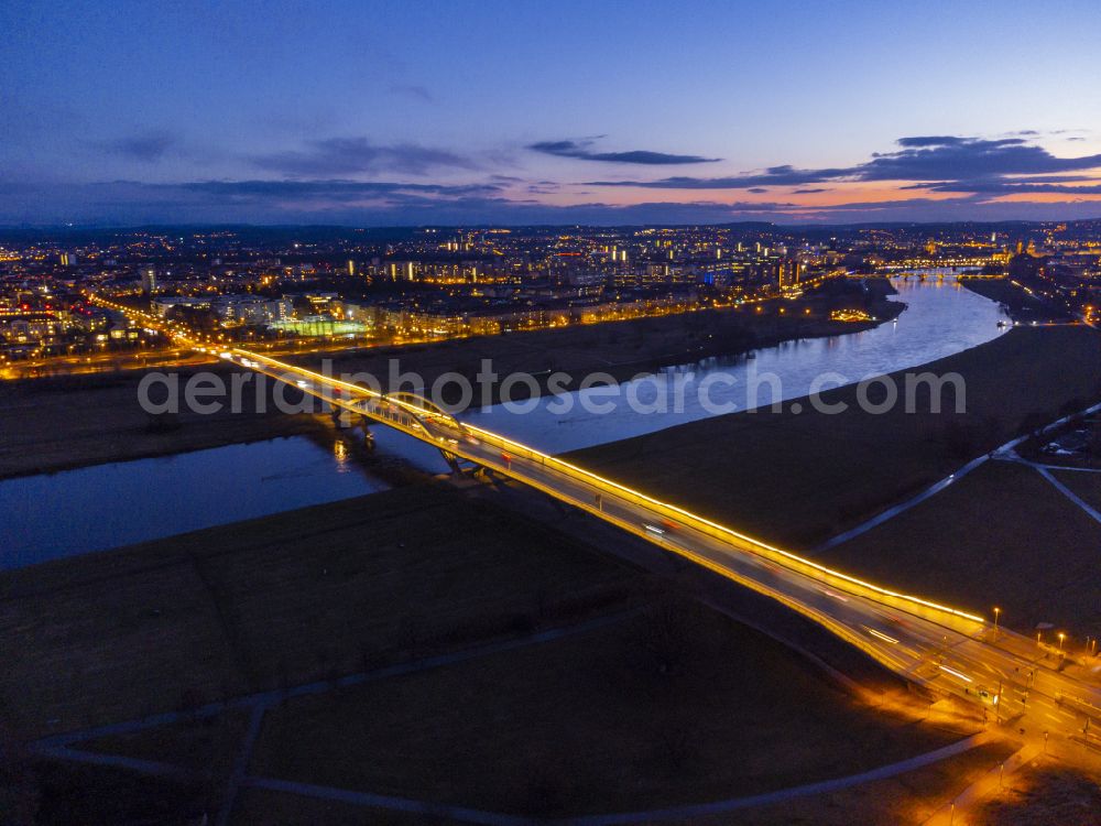 Dresden at night from above - Night lighting night lighting Waldschloesschenbruecke on the shore of the river Elbe in Dresden in Saxony