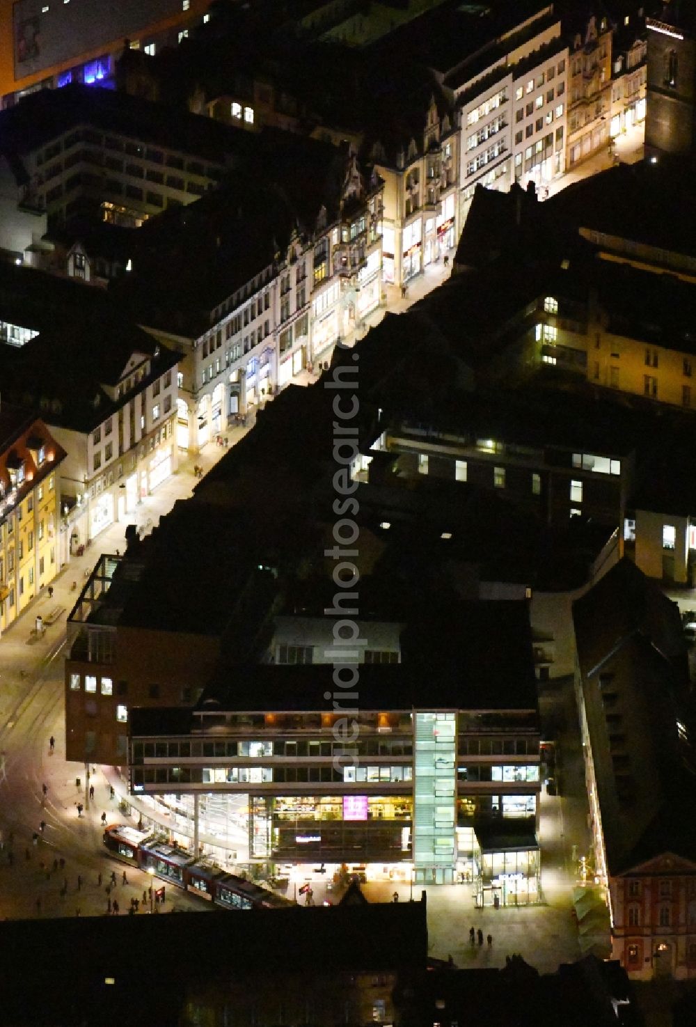 Aerial image at night Erfurt - Night lighting Old Town area and city center in Erfurt in the state Thuringia