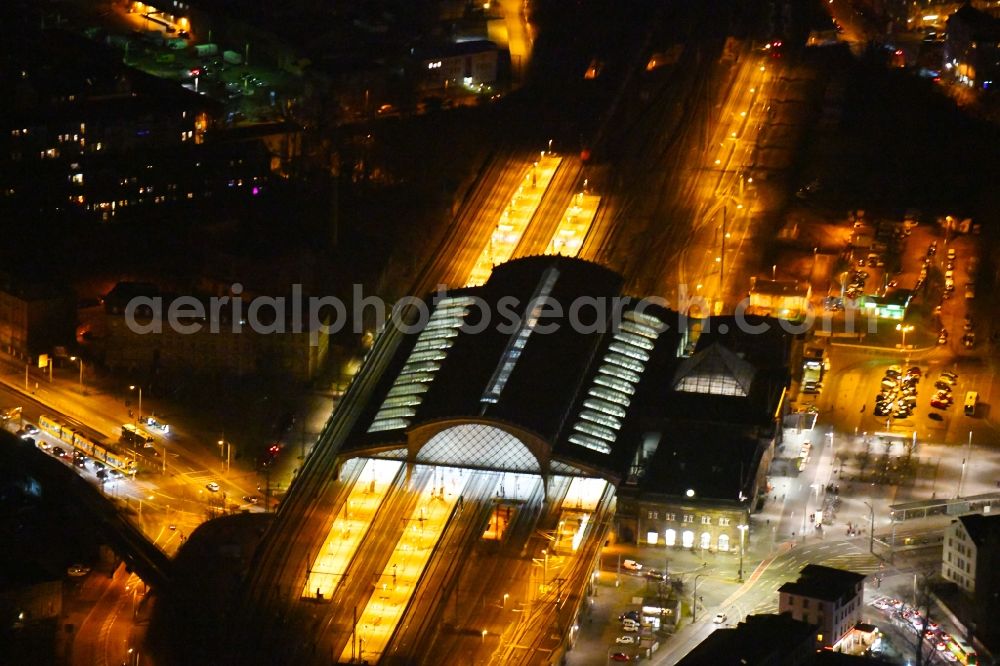 Aerial image at night Dresden - Night lighting Train-Station in the district Neustadt in Dresden in the state Saxony, Germany