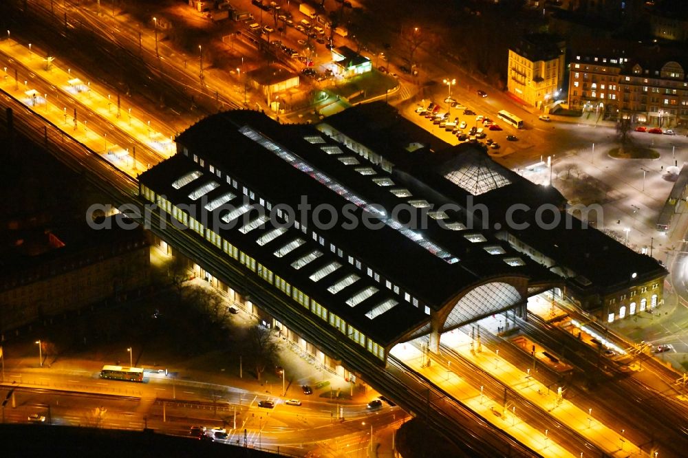 Dresden at night from above - Night lighting Train-Station in the district Neustadt in Dresden in the state Saxony, Germany