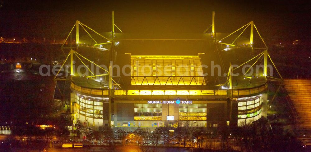 Aerial photograph at night Dortmund - Nachtluftbild des Borusseum , dem Stadion Signal Iduna Park des BVB. Night shot aerial of Borusseum, the Signal Iduna Park stadium of Borussia Dortmund.