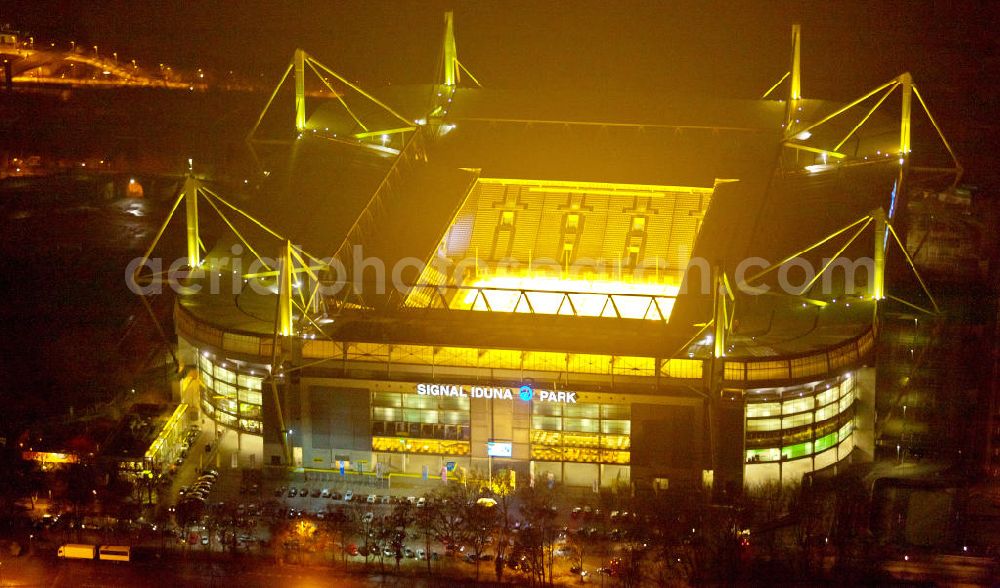 Aerial image at night Dortmund - Nachtluftbild des Borusseum , dem Stadion Signal Iduna Park des BVB. Night shot aerial of Borusseum, the Signal Iduna Park stadium of Borussia Dortmund.