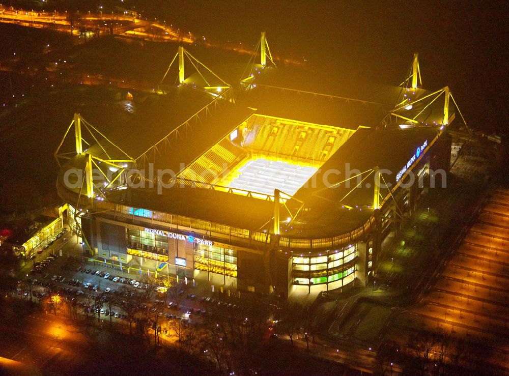 Dortmund at night from above - Nachtluftbild des Borusseum , dem Stadion Signal Iduna Park des BVB. Night shot aerial of Borusseum, the Signal Iduna Park stadium of Borussia Dortmund.