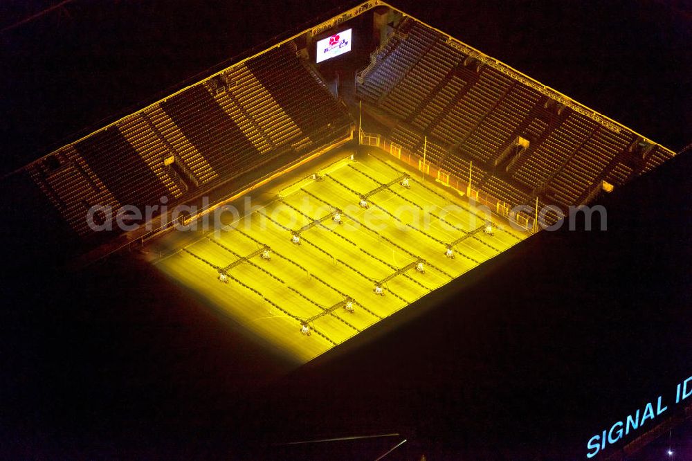 Aerial photograph at night Dortmund - Nachtluftbild des Borusseum , dem Stadion Signal Iduna Park des BVB. Night shot aerial of Borusseum, the Signal Iduna Park stadium of Borussia Dortmund.