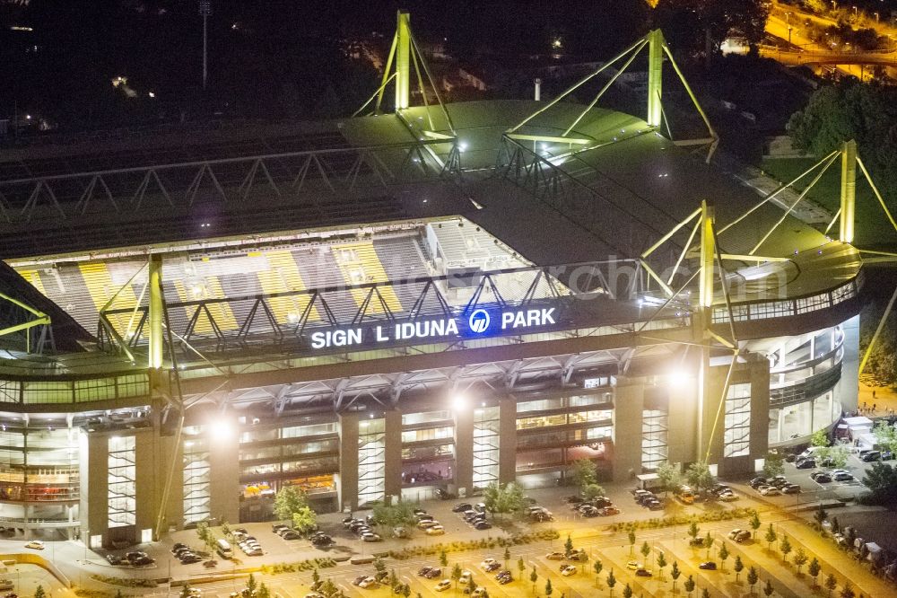 Aerial photograph at night Dortmund - Night shot of Borusseum, the Signal Iduna Park stadium of Borussia Dortmund