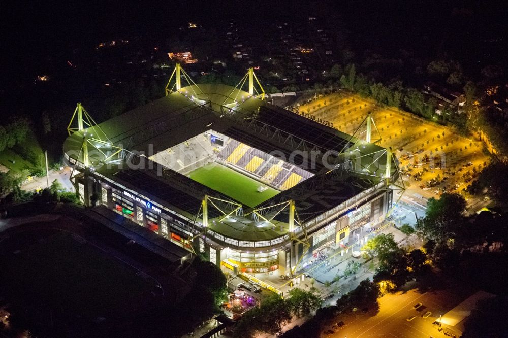 Aerial photograph at night Dortmund - Night shot of Borusseum, the Signal Iduna Park stadium of Borussia Dortmund