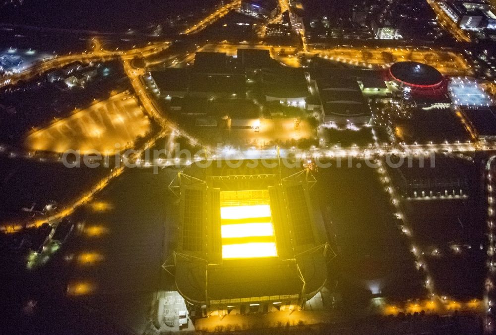 Aerial photograph at night Dortmund - Night shot of Borusseum, the Signal Iduna Park stadium of Borussia Dortmund