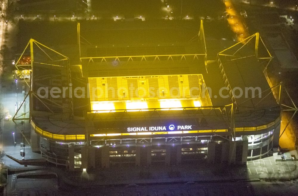 Dortmund at night from above - Night shot of Borusseum, the Signal Iduna Park stadium of Borussia Dortmund